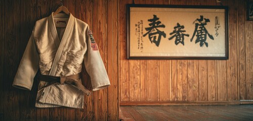 Old dojo with jiu-jitsu kimono hanging in silence