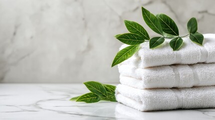 Neatly folded white towels stacked with fresh green leaves on a marble surface, evoking cleanliness and a spa-like atmosphere.