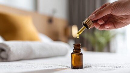 A hand holds a dropper releasing liquid into a small amber glass bottle on a soft surface, suggesting essential oils or aromatherapy in a cozy indoor setting.