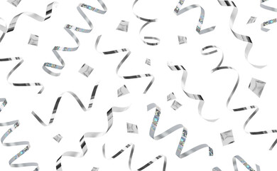 Silver serpentine streamers and confetti falling against white background