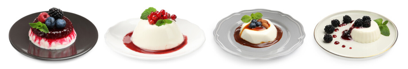 Sweet panna cotta desserts isolated on white, set