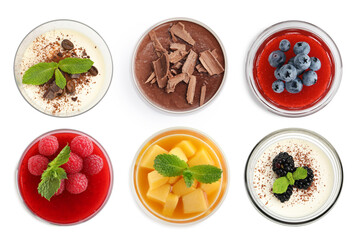 Sweet panna cotta desserts isolated on white, set. Top view