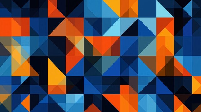 Abstract geometric pattern with vibrant blue and orange triangles creating dynamic and colorful mosaic design, perfect for modern digital backgrounds and artistic projects