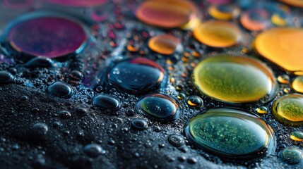 Colorful oil droplets of various sizes float on a dark liquid surface, creating a vibrant and textured abstract pattern.