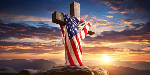 cross with American flag of USA on top of mountain at grave of the patriots at sunrise. Memorial Day for Veterans of the War in America