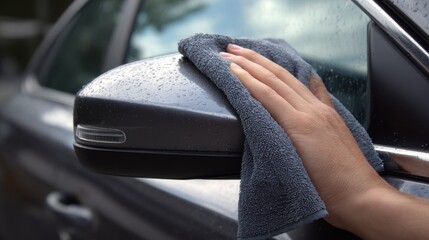 A hand is cleaning a wet car side mirror with a blue microfiber cloth, reflecting raindrops on the surface.