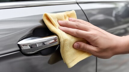 A hand cleaning a shiny car door handle with a yellow microfiber cloth.