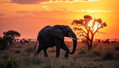Naklejka premium Majestic elephant strolls past acacia at sunset, African savanna sun ablaze, safari, poster