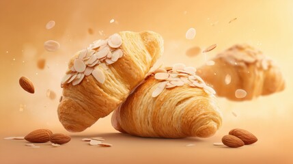 Two flaky croissants topped with sliced almonds, surrounded by whole almonds and almond slices against a warm beige background.