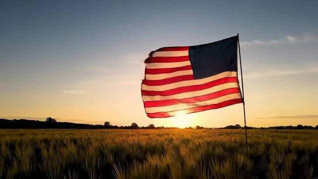 Waving Flag Displayed Over Golden Field at Sunset