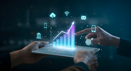 Business professionals analyzing financial growth and success using digital data visualization.