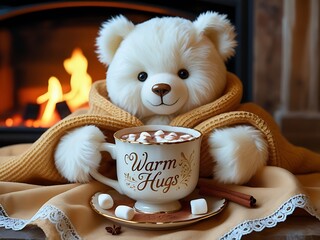Cozy Teddy with Hot Cocoa, and Fireplace. (1)