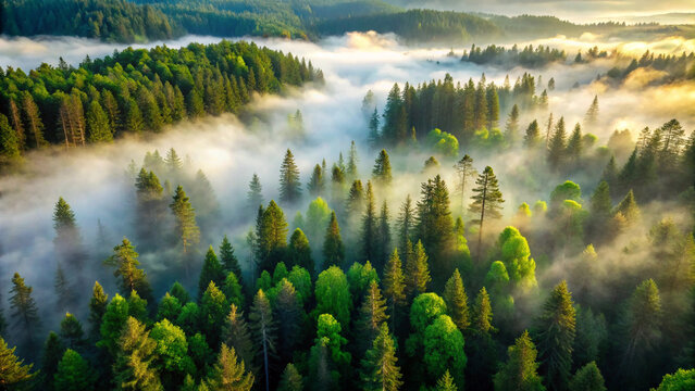 Dense pine forest canopy with morning fog and golden light evergreen trees