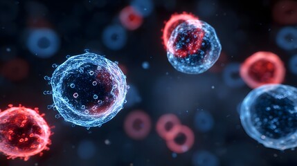 Naklejka premium Microscopic view of glowing virus cells and bacteria in blue and red on a dark scientific background. Concept : Microbiology, infection, disease research, scientific study, pathogens.