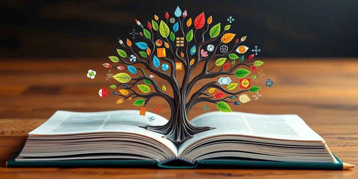 Paper art book tree sprouting from open book, pencils, science symbols,   research,  cut paper