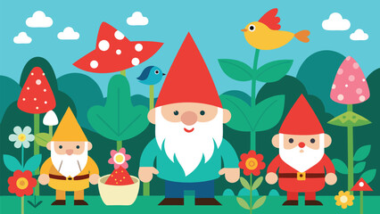 Fototapeta premium Cute garden gnomes and woodland creatures fantasy nature