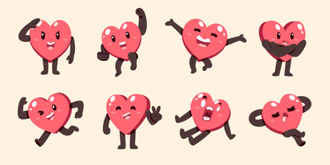 Cartoon cute heart character different poses vector set
