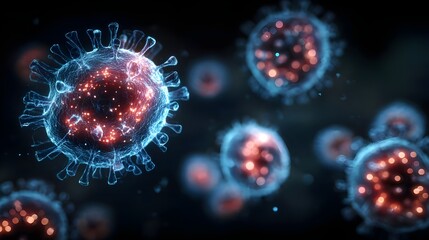 Microscopic view of glowing virus cells and bacteria in blue and red on a dark scientific background.
Concept : Microbiology, infection, disease research, scientific study, pathogens.