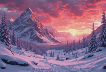 Snowy mountain landscape at sunset, perfect for winter recreation themes