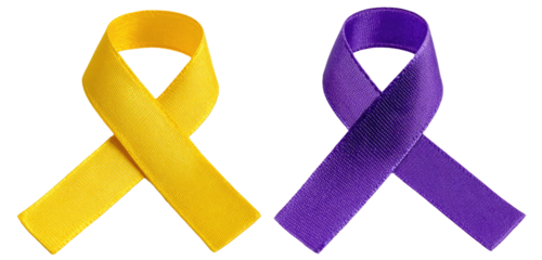 Two awareness ribbons, one yellow, one purple