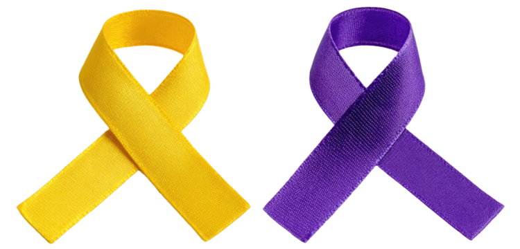 Two awareness ribbons, one yellow, one purple