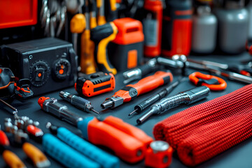 Assortment of hand tools and power tools arranged on a dark surface.