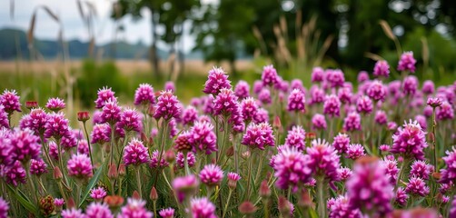 Obraz premium Purple pink heather blooming on Ginkel Heath, Arnhem, Netherlands WWII Operation Market Garden dropping zone, Netherlands, autumn colours