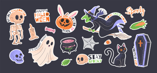 Happy Halloween stickers set. Isolated hand drawn design elements with fun phrases. Spooky clipart bundle. Pumpkin, witch, ghost, scull, magic cauldron, skeleton, coffin, cobweb. Vector illustrations.