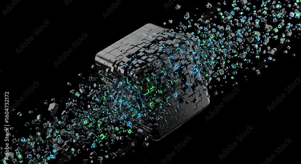Fototapete a black cube disintegrating into smaller cubes with blue and green light on a black background