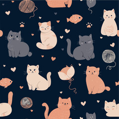 Seamless Cute Cat Pattern with Yarn and Fish on Dark Background