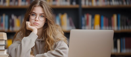 Portrait girl is studying on laptop computer at a library room,  looking at camera, Back to school Concept. 