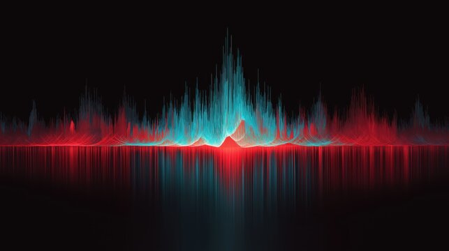 Abstract sound wave pattern with sharp edges and clean lines in vibrant red and blue colors, creating dynamic and energetic visual effect on dark background