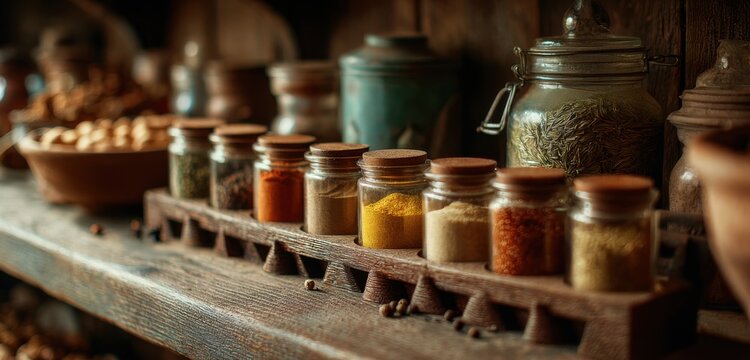 Vintage spice rack in local bakery kitchen