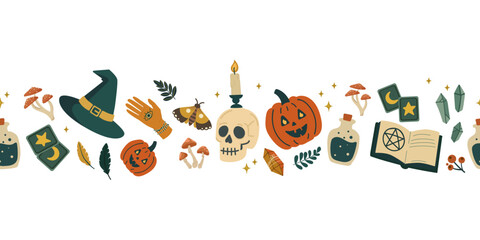 Magical Halloween Seamless border with Spooky Elements. Halloween border with pumpkins, skulls, witch hat, potions, tarot cards,for party invitation, seasonal banner, greeting card, fall design.Vector