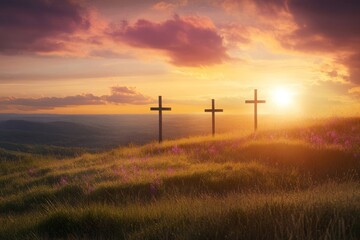 Obraz premium Three Crosses crosses landscape sunset.