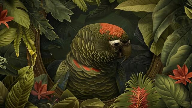 Parrot framed by lush tropical foliage