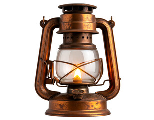 Rustic Vintage Lantern with Glowing Warm Light, isolated on a transparent background.