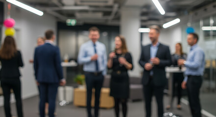 Blurred image of business professionals networking and socializing at a corporate event