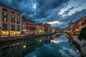 Naklejka premium Colorful buildings line canal reflecting lights under dramatic sky architecture water
