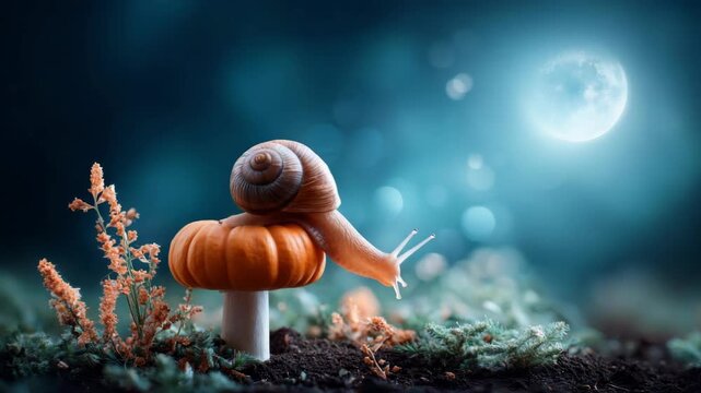 Snail with a shell on a decorative pumpkin mushroom at night, full moon glowing in the darkness. Small creature fantasy spooky Halloween scene. All Hallows Eve, Samhain