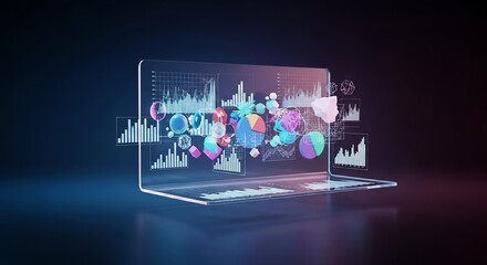 Transparent laptop displaying various data visualizations including charts and graphs floating around