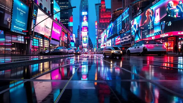 Futuristic city skyline, vibrant neon lights, holographic adverts, mirroring on damp pavement, creating a modern cyberpunk vibe. 3d backgrounds
