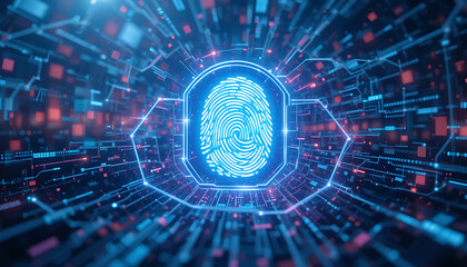 Futuristic digital illustration of a glowing blue fingerprint symbolizing biometric security and data identification within a complex technological network of circuits and data streams