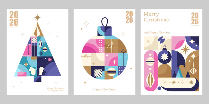 Modern 2026 Christmas and New Year Greeting Cards Set. 2026 Christmas and New Year greeting cards with geometric abstract elements, holiday marketing, print design, seasonal branding. Vector
