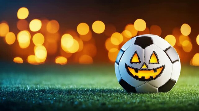 Halloween soccer ball with Jack-o'-lantern face on grass. Spooky sports theme. Festive pumpkin-shaped football design for holiday fun. All Hallows Eve, Samhain