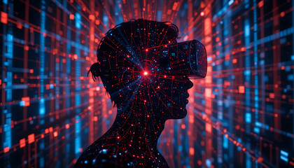 Immersive virtual reality experience with a person in a vr headset surrounded by glowing blue and red digital data streams representing the metaverse and future technology