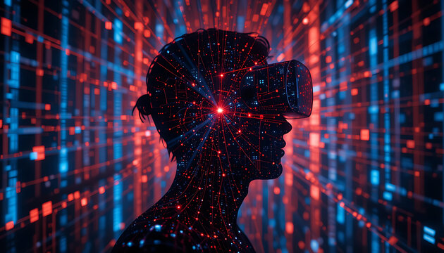 Immersive virtual reality experience with a person in a vr headset surrounded by glowing blue and red digital data streams representing the metaverse and future technology