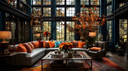 Naklejka premium A stunning living room with fall colors and luxurious furnishings.