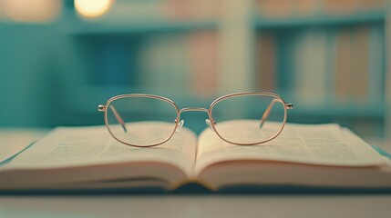 Eyeglasses are placed on an open book, with a blurred library bookshelf in the background, creating a concept of studying, knowledge, and education