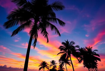 Silhouette of coconut palm trees against a vibrant sunset sky,  fronds,  image